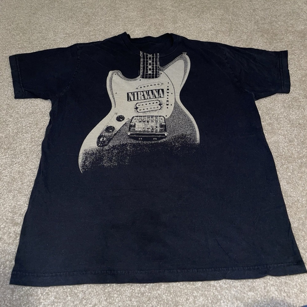 Nirvana Mens Black Guitar Graphic T-Shirt Kurt Cobain Fender Mustang Rock Tee